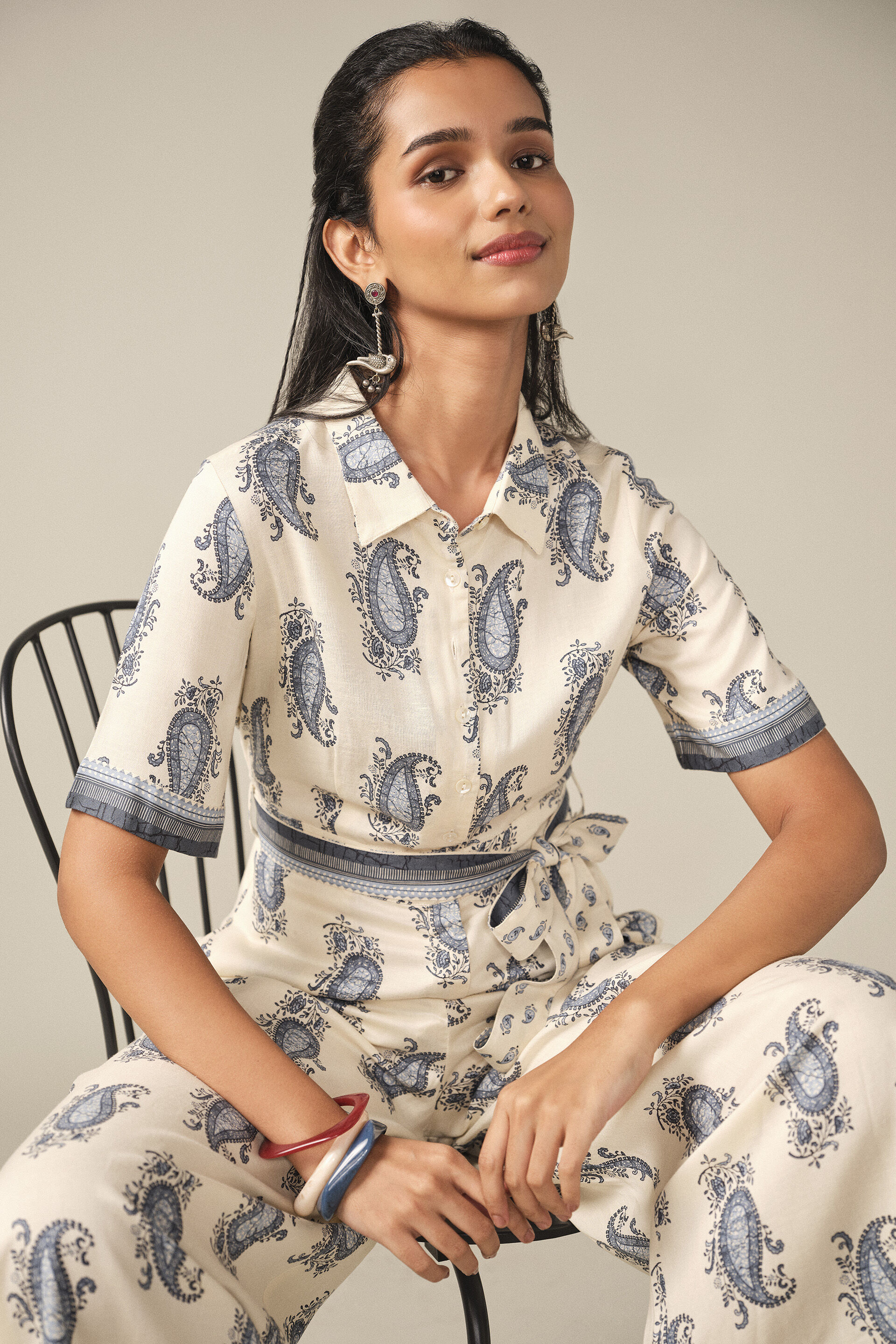 Printed Collared Jumpsuit in White, White, image 2